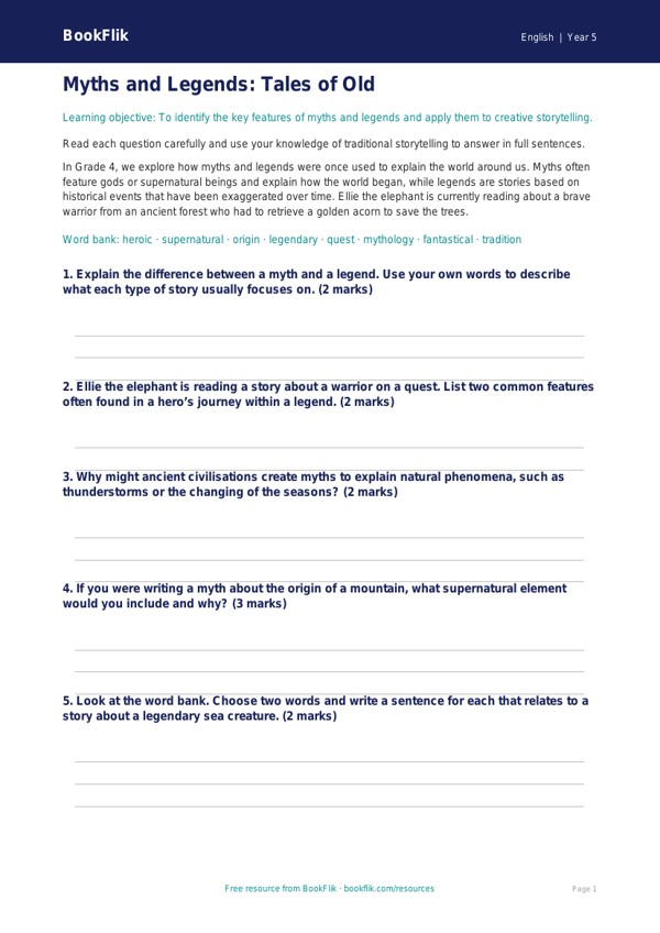 Free Myths And Legends Worksheet | Grade 4 | ELA | BookFlik worksheet preview — English Myths And Legends