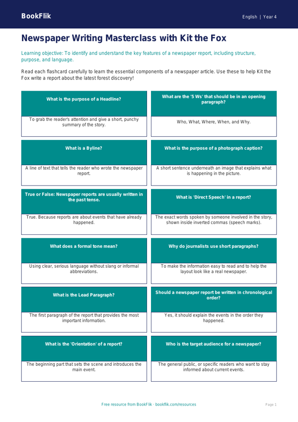 Free Newspaper Writing Flashcards | Grade 3 | ELA | BookFlik worksheet preview — English Newspaper Writing