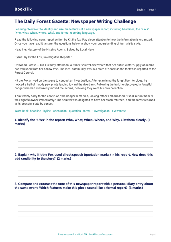 Free Newspaper Writing Track Sheet | Grade 3 | ELA | BookFlik worksheet preview — English Newspaper Writing