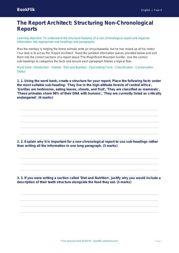 Free Non Chronological Reports Activity Sheet | Grade 3 | ELA | BookFlik worksheet preview — English Non Chronological Reports