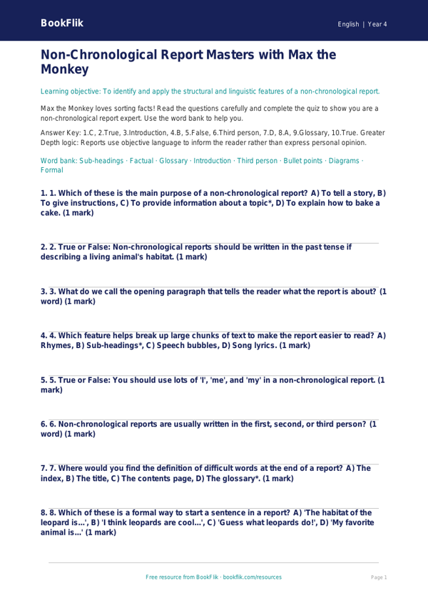 Free Non Chronological Reports Quiz | Grade 3 | ELA | BookFlik worksheet preview — English Non Chronological Reports