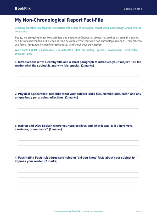 ELA non chronological reports template grade 3 core worksheet preview — English Non Chronological Reports