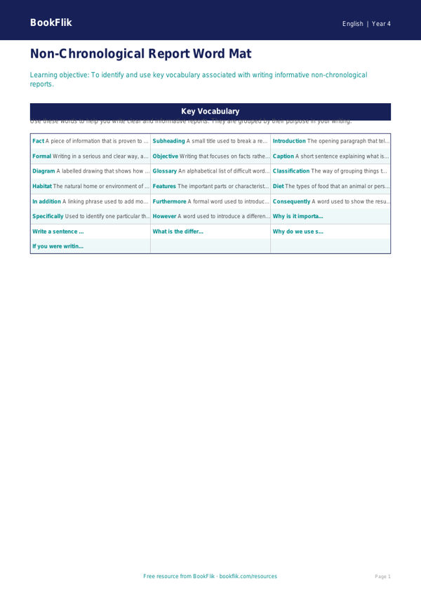 Free Non Chronological Reports Word Mat | Grade 3 | ELA | BookFlik worksheet preview — English Non Chronological Reports
