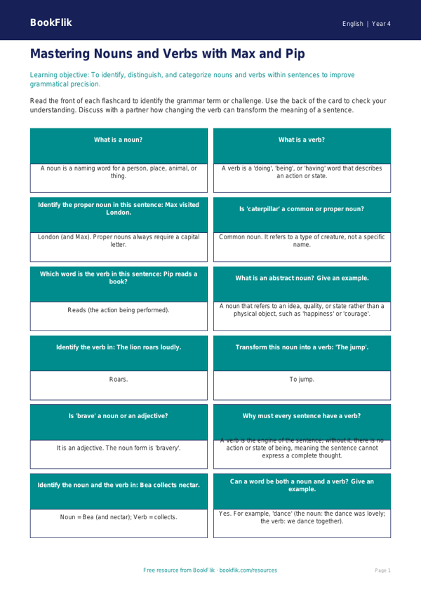 ELA nouns and verbs flashcards grade 3 greater depth worksheet preview — English Nouns And Verbs