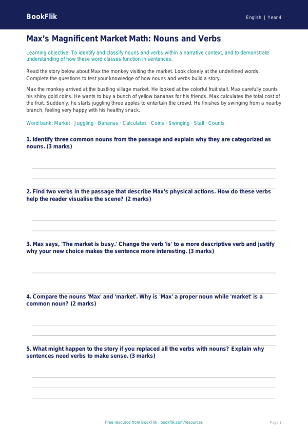 ELA nouns and verbs track sheet grade 3 greater depth worksheet preview — English Nouns And Verbs