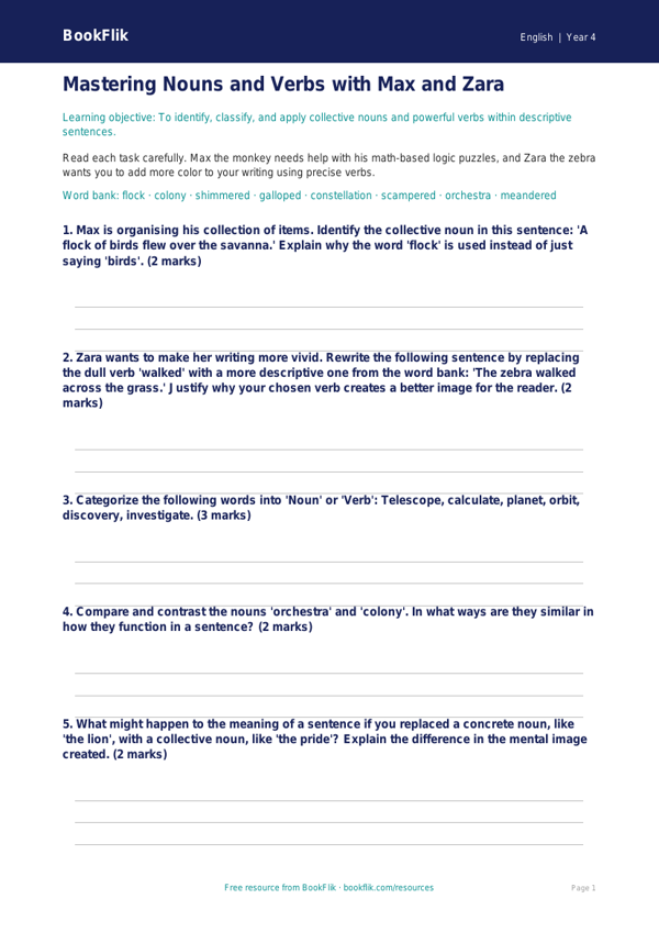Free Nouns And Verbs Worksheet | Grade 3 | ELA | BookFlik worksheet preview — English Nouns And Verbs