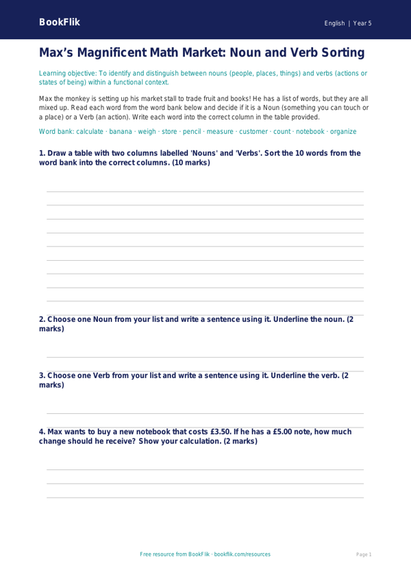 Free Nouns And Verbs Activity Sheet | Grade 4 | ELA | BookFlik worksheet preview — English Nouns And Verbs