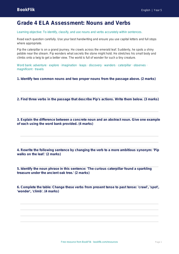 Free Nouns And Verbs Assessment | Grade 4 | ELA | BookFlik worksheet preview — English Nouns And Verbs