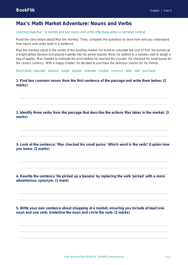 Free Nouns And Verbs Track Sheet | Grade 4 | ELA | BookFlik worksheet preview — English Nouns And Verbs