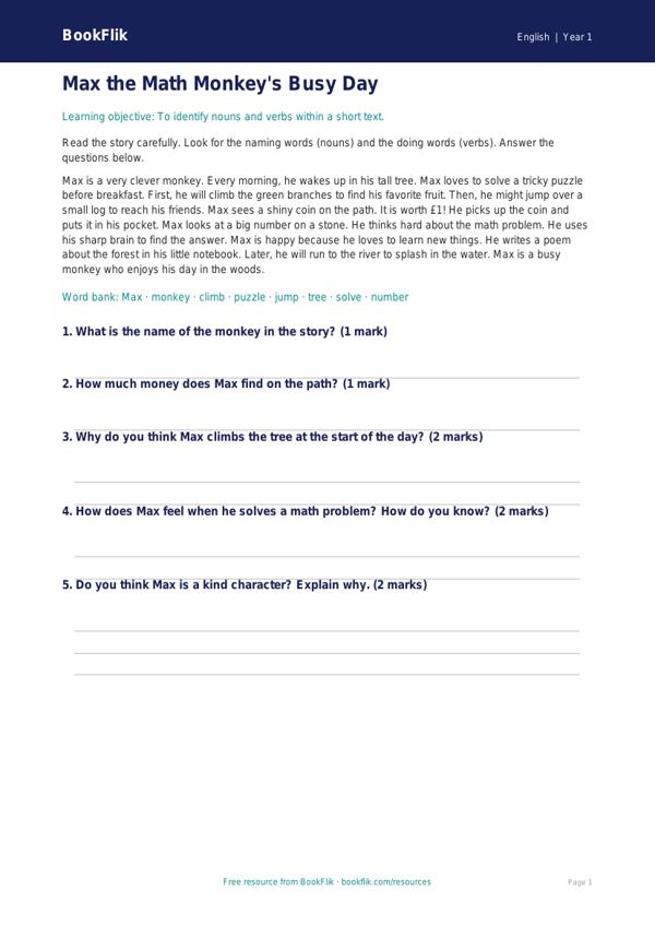 Free Nouns And Verbs Comprehension | Kindergarten | ELA | BookFlik worksheet preview — English Nouns And Verbs