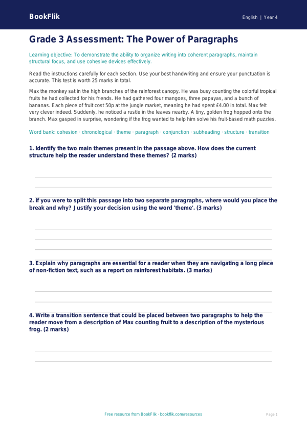 Free Paragraphs Assessment | Grade 3 | ELA | BookFlik worksheet preview — English Paragraphs