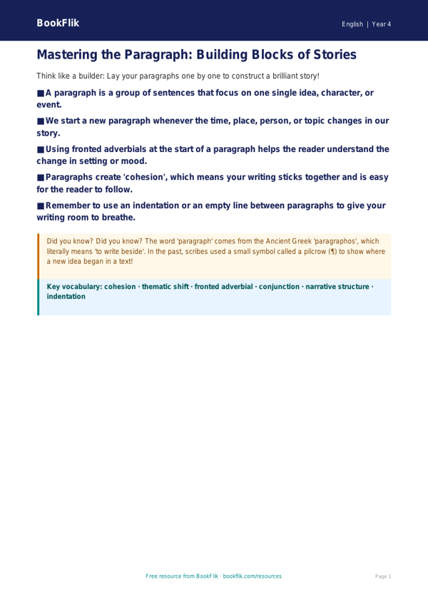ELA paragraphs poster grade 3 greater depth worksheet preview — English Paragraphs