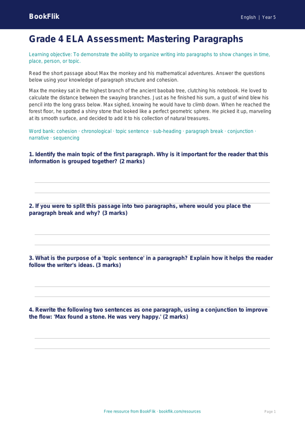 Free Paragraphs Assessment | Grade 4 | ELA | BookFlik worksheet preview — English Paragraphs