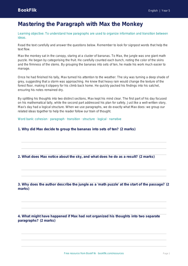 Free Paragraphs Comprehension | Grade 4 | ELA | BookFlik worksheet preview — English Paragraphs
