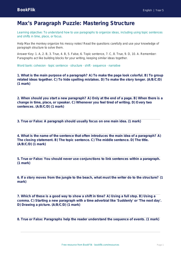 Free Paragraphs Quiz | Grade 4 | ELA | BookFlik worksheet preview — English Paragraphs