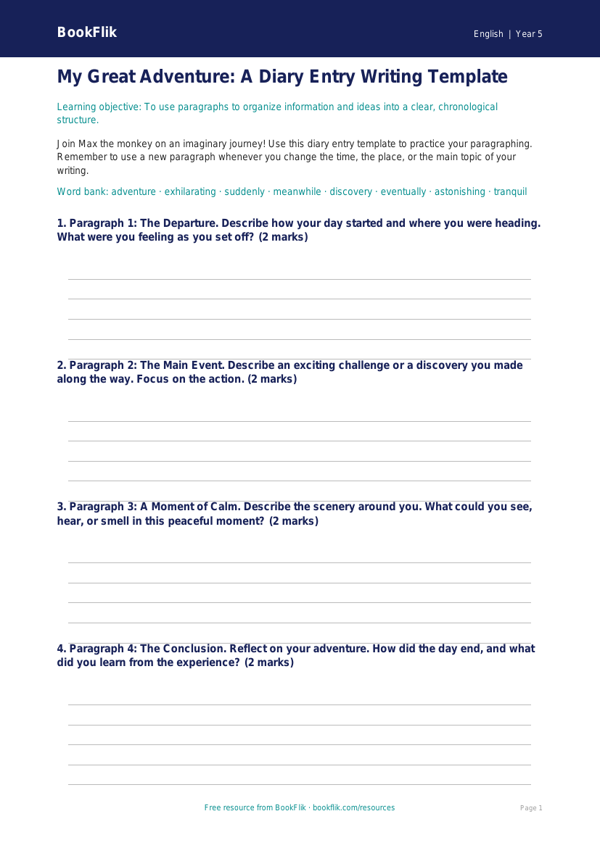 Free Paragraphs Template | Grade 4 | ELA | BookFlik worksheet preview — English Paragraphs
