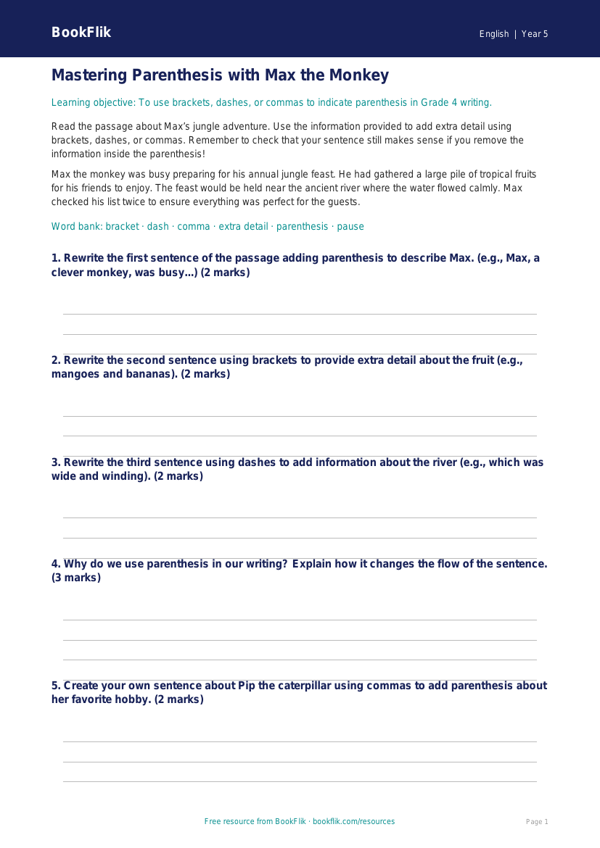 Free Parenthesis Track Sheet | Grade 4 | ELA | BookFlik worksheet preview — English Parenthesis