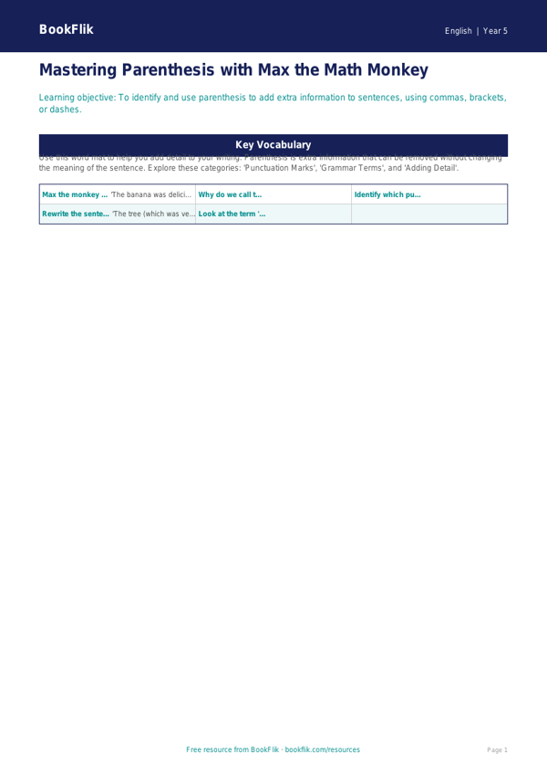 Free Parenthesis Word Mat | Grade 4 | ELA | BookFlik worksheet preview — English Parenthesis