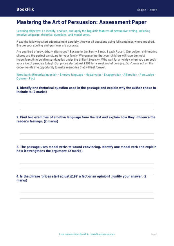 Free Persuasive Writing Assessment | Grade 3 | ELA | BookFlik worksheet preview — English Persuasive Writing