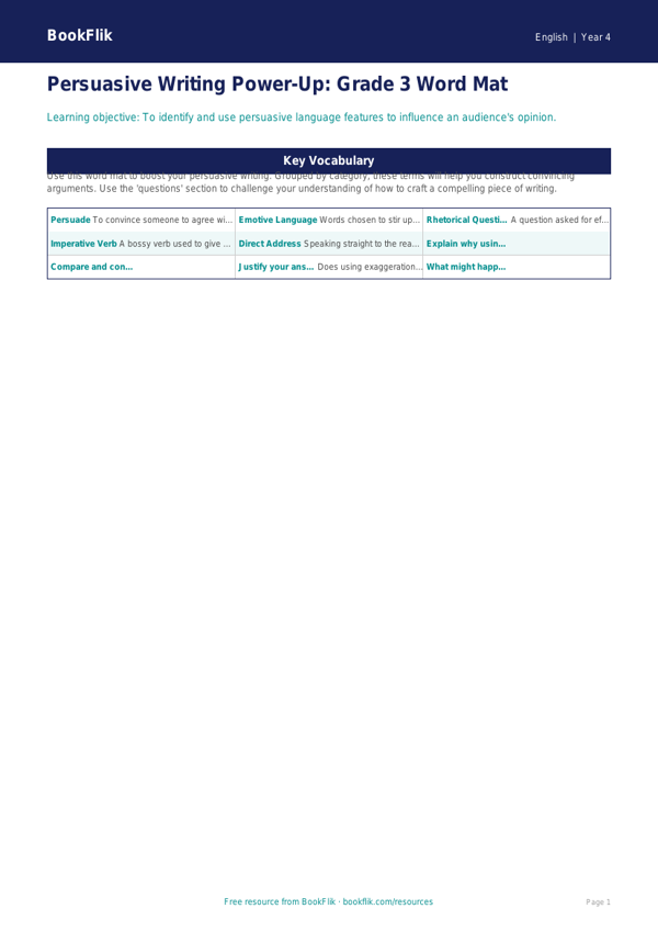 Free Persuasive Writing Word Mat | Grade 3 | ELA | BookFlik worksheet preview — English Persuasive Writing