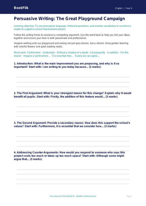 Free Persuasive Writing Writing Frame | Grade 3 | ELA | BookFlik worksheet preview — English Persuasive Writing