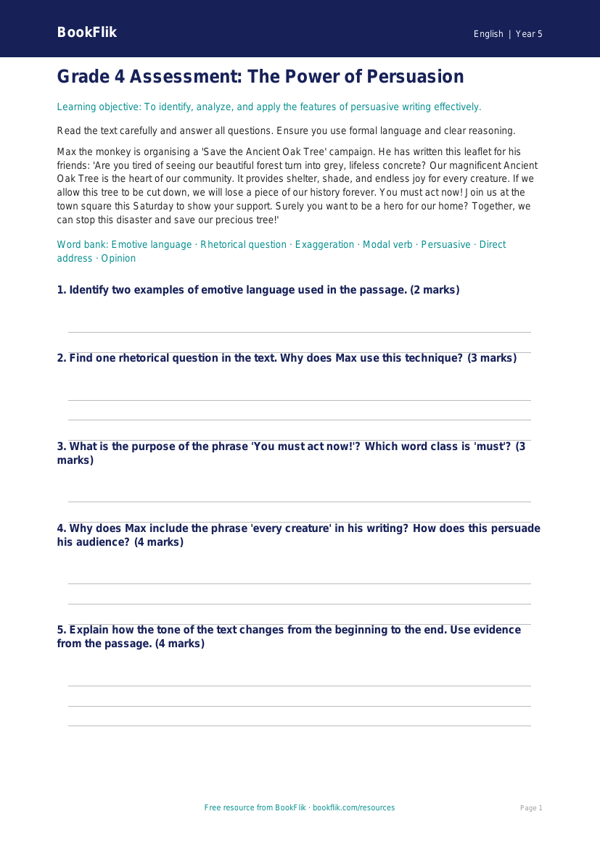 Free Persuasive Writing Assessment | Grade 4 | ELA | BookFlik worksheet preview — English Persuasive Writing
