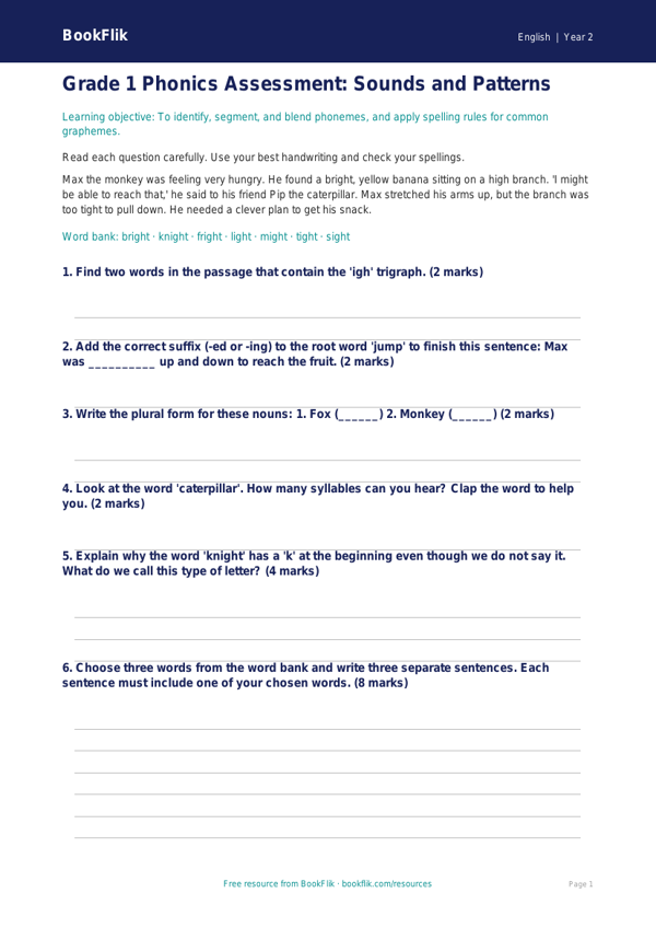 Free Phonics Assessment | Grade 1 | ELA | BookFlik worksheet preview — English Phonics