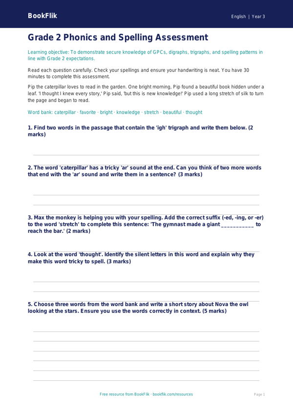 Free Phonics Assessment | Grade 2 | ELA | BookFlik worksheet preview — English Phonics