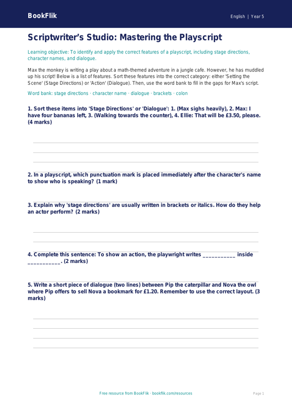 Free Playscripts Activity Sheet | Grade 4 | ELA | BookFlik worksheet preview — English Playscripts