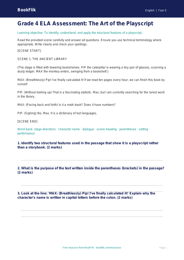 Free Playscripts Assessment | Grade 4 | ELA | BookFlik worksheet preview — English Playscripts