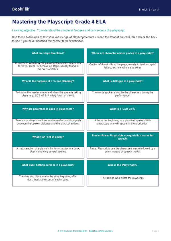 Free Playscripts Flashcards | Grade 4 | ELA | BookFlik worksheet preview — English Playscripts