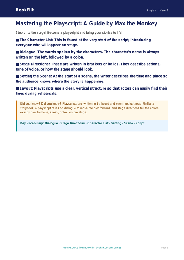 Free Playscripts Poster | Grade 4 | ELA | BookFlik worksheet preview — English Playscripts