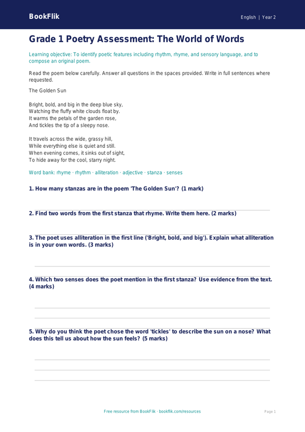 Free Poetry Assessment | Grade 1 | ELA | BookFlik worksheet preview — English Poetry