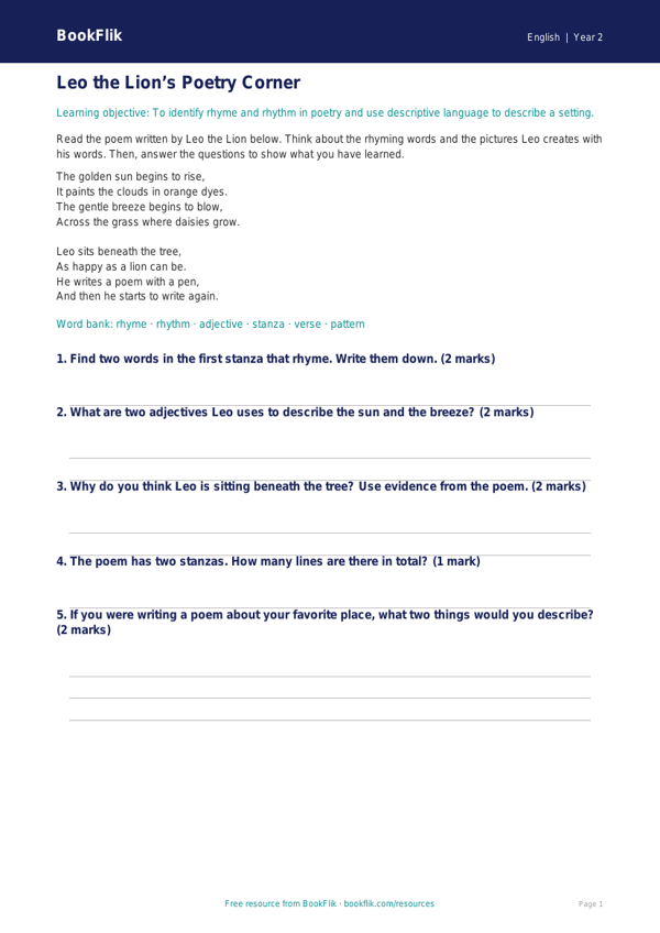 Free Poetry Track Sheet | Grade 1 | ELA | BookFlik worksheet preview — English Poetry
