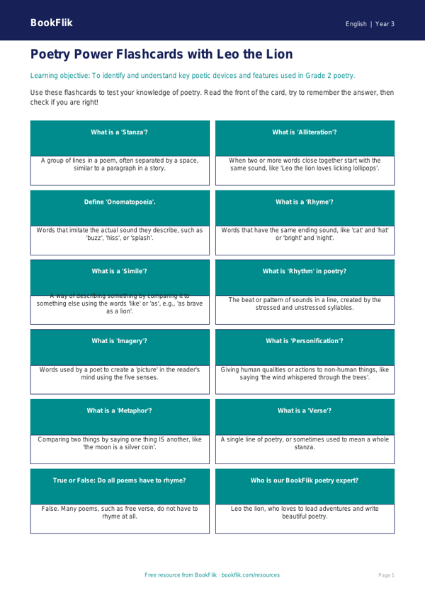 Free Poetry Flashcards | Grade 2 | ELA | BookFlik worksheet preview — English Poetry