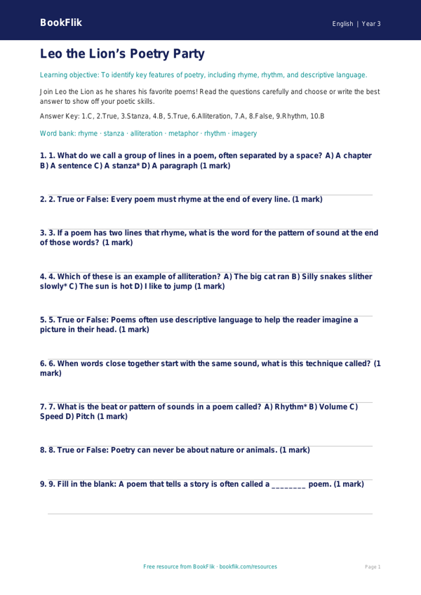 Free Poetry Quiz | Grade 2 | ELA | BookFlik worksheet preview — English Poetry