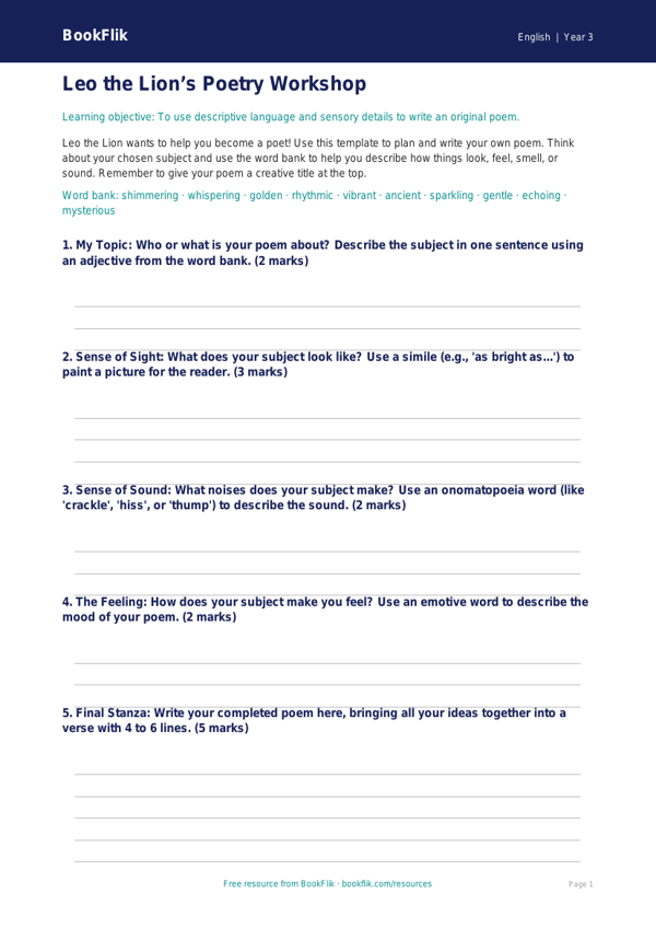 Free Poetry Template | Grade 2 | ELA | BookFlik worksheet preview — English Poetry