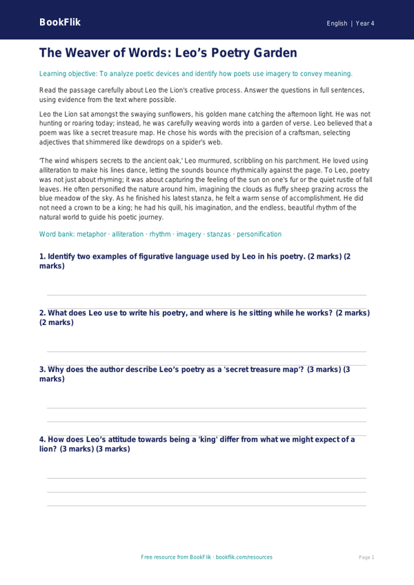 Free Poetry Comprehension | Grade 3 | ELA | BookFlik worksheet preview — English Poetry