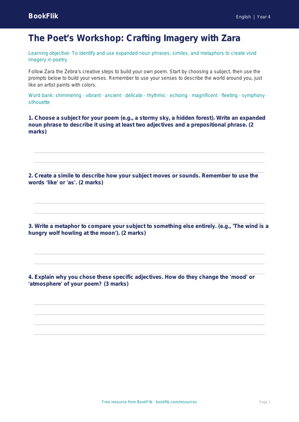 Free Poetry Template | Grade 3 | ELA | BookFlik worksheet preview — English Poetry