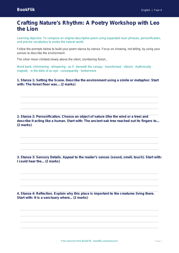 Free Poetry Writing Frame | Grade 3 | ELA | BookFlik worksheet preview — English Poetry