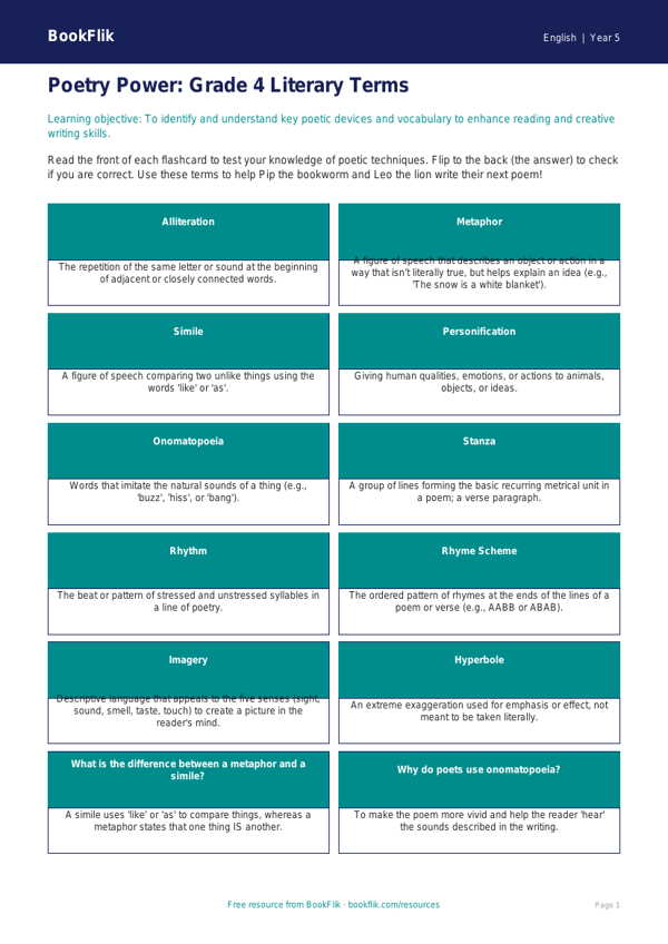 Free Poetry Flashcards | Grade 4 | ELA | BookFlik worksheet preview — English Poetry