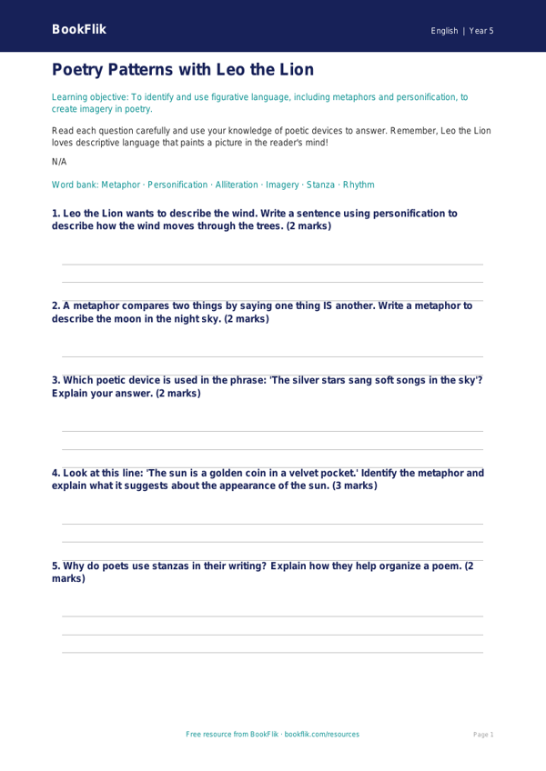 Free Poetry Worksheet | Grade 4 | ELA | BookFlik worksheet preview — English Poetry