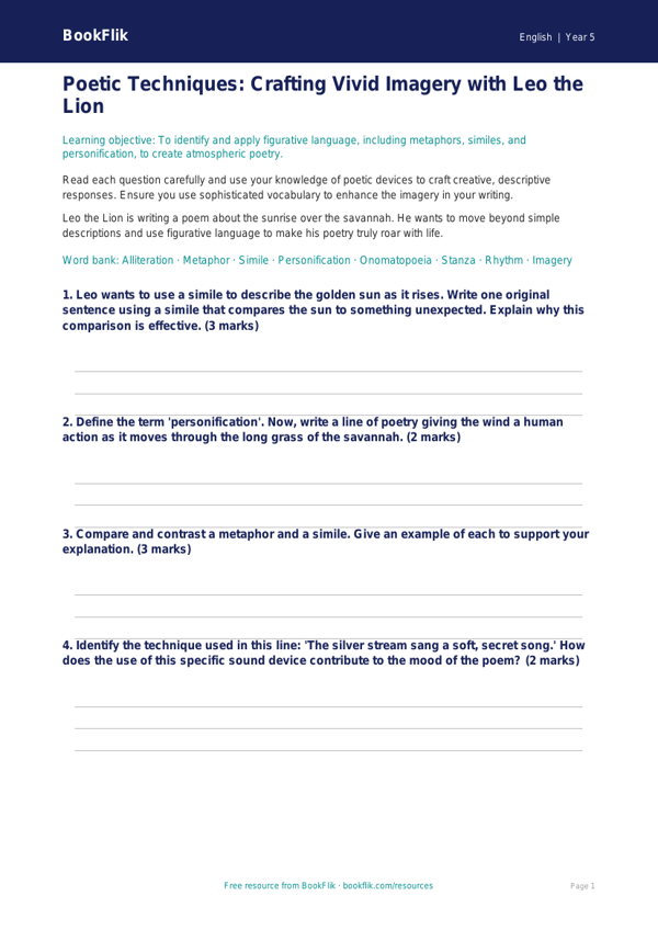 Free Poetry Worksheet | Grade 4 | ELA | BookFlik worksheet preview — English Poetry