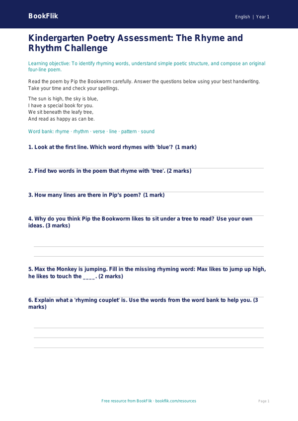 Free Poetry Assessment | Kindergarten | ELA | BookFlik worksheet preview — English Poetry