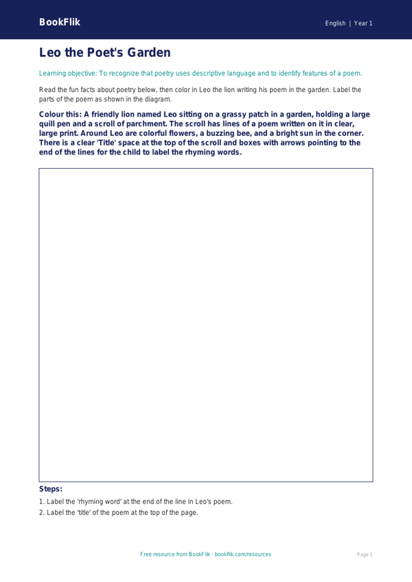 Free Poetry Colouring Page | Kindergarten | ELA | BookFlik worksheet preview — English Poetry