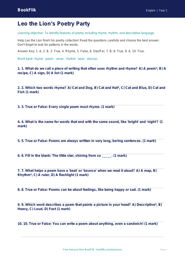 Free Poetry Quiz | Kindergarten | ELA | BookFlik worksheet preview — English Poetry