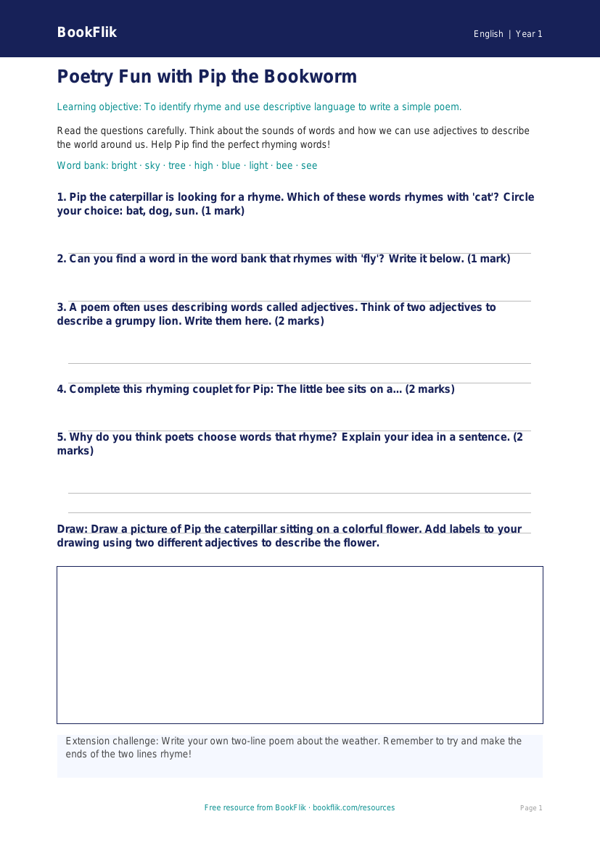 Free Poetry Worksheet | Kindergarten | ELA | BookFlik worksheet preview — English Poetry