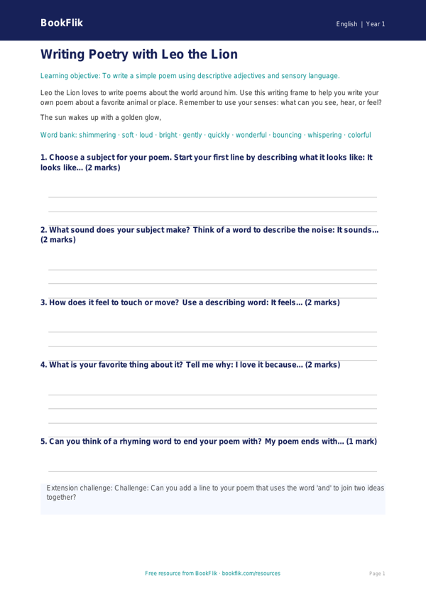 Free Poetry Writing Frame | Kindergarten | ELA | BookFlik worksheet preview — English Poetry