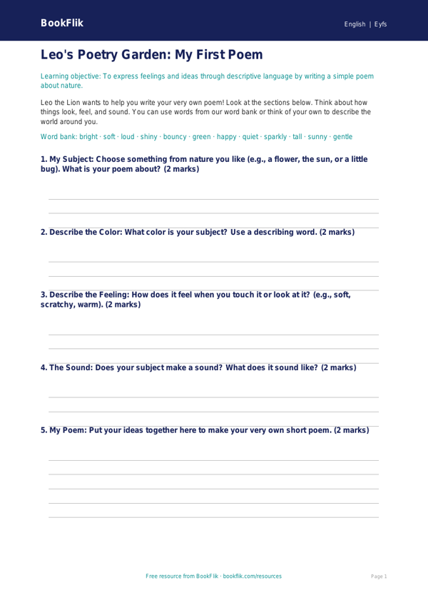 Free Poetry Template | Pre-K | ELA | BookFlik worksheet preview — English Poetry
