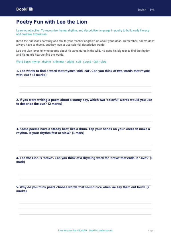 Free Poetry Worksheet | Pre-K | ELA | BookFlik worksheet preview — English Poetry